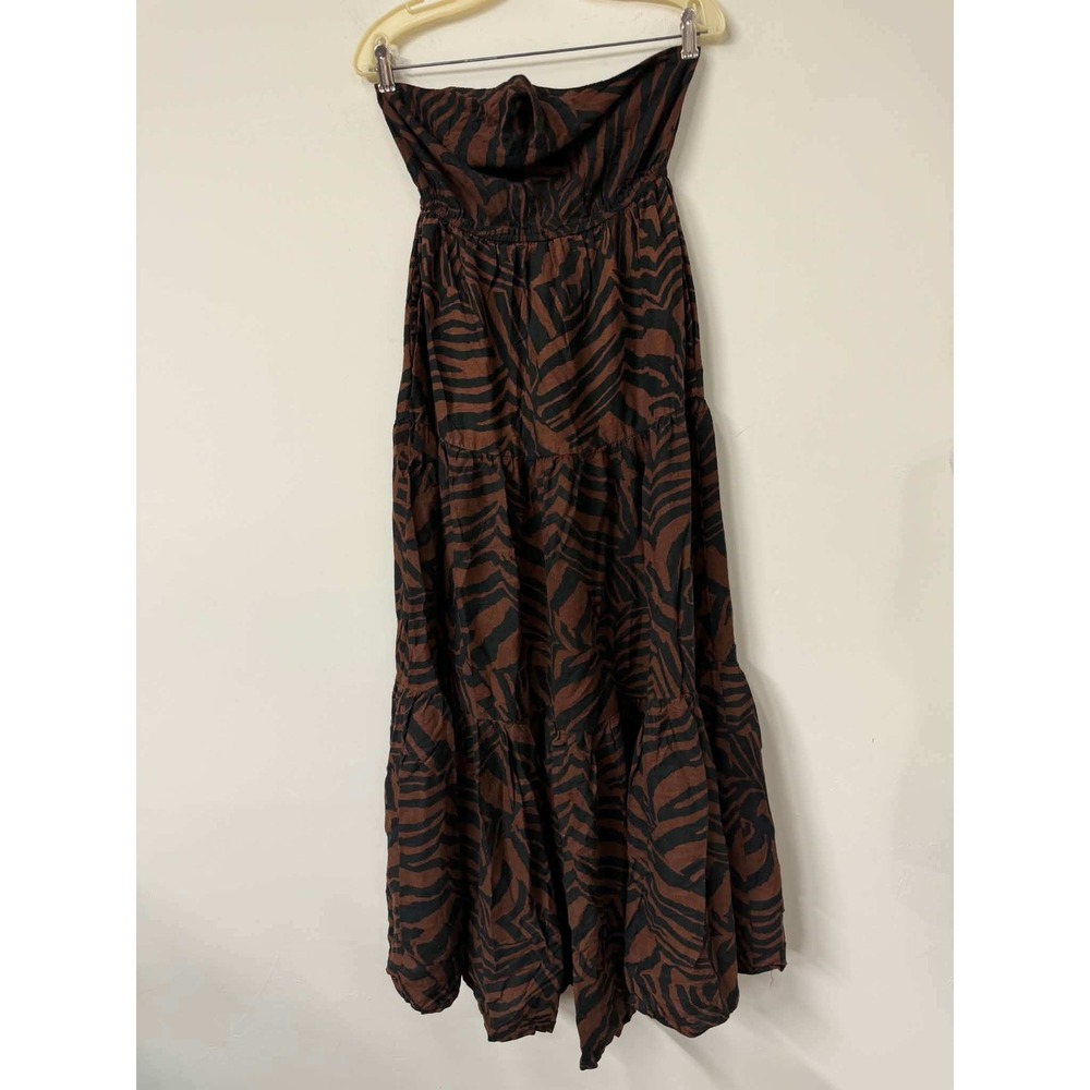 Nicole Miller NY Small Linen Zebra Print Strapless Maxi Dress Brown Black Pocket
